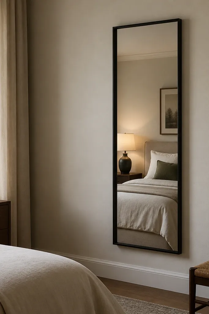 A framed mirror mounted on the wall opposite the bed. The frame is matte black or dark bronze, and it reflects the bed and a lamp. The mirror is tall and narrow, and it sits at about eye level.