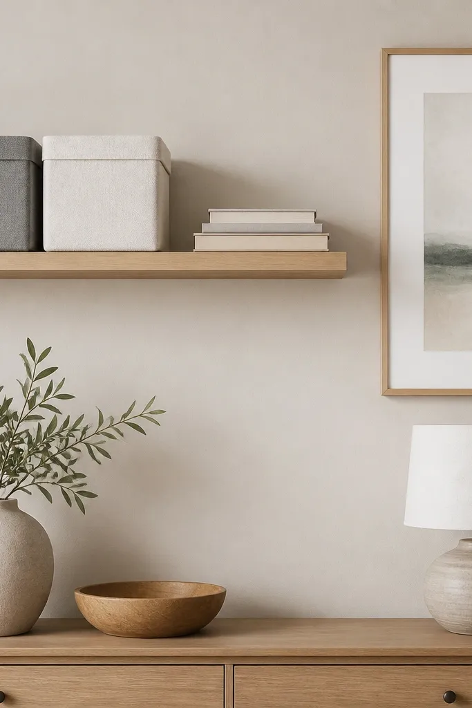 A single open wall shelf above a dresser area. The shelf holds two closed fabric bins in neutral gray and white, plus one small stack of books. A framed print hangs next to the shelf.