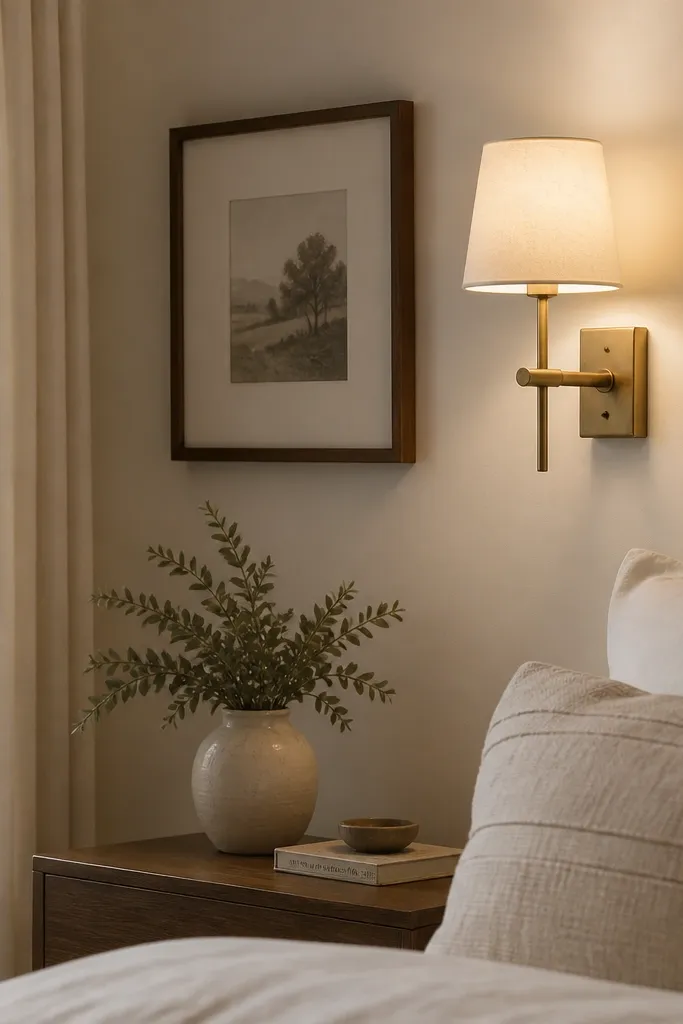 A wall-mounted sconce sits beside the bed, with a soft fabric shade in cream. The sconce has a warm bulb glow and no visible floor lamp. The wall around it is painted a warm off-white, and a small framed print hangs nearby.