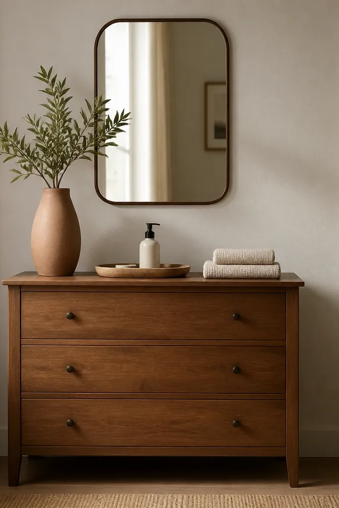 A small dresser in warm wood tones with a styled top. There is one tall matte ceramic vase in a muted clay color, one small tray with a lotion pump, and one folded stack of guest towels. A small mirror sits above the dresser.