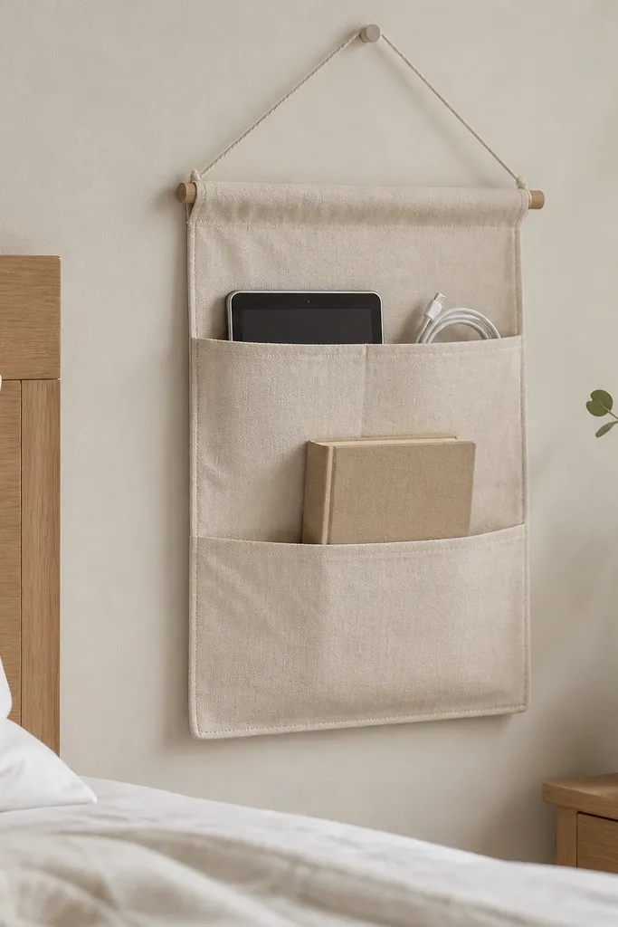 A linen wall organizer hangs behind or beside the bed. It has clear pockets for a phone charger, a small tablet, and a book. The organizer is off-white and blends with the wall color, with a simple fabric texture.