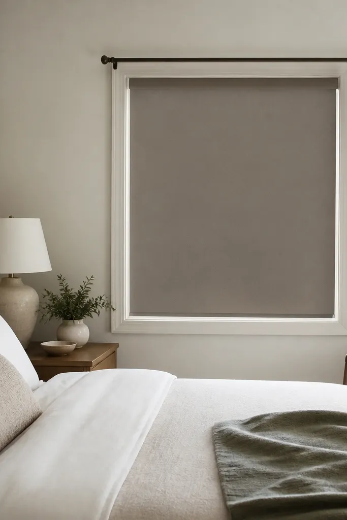 A small window in a guest bedroom has a thermal blackout roller shade in a warm gray. The shade is fully down, with clean straight edges. The curtain rod above is present but the blackout shade is the main privacy layer.