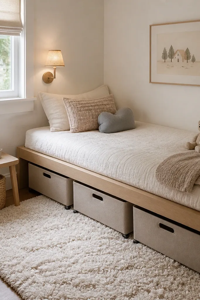 A very small kids bedroom with a low platform bed in light oak, topped with cream bedding. Under the bed are three matching rolling bins in warm oat fabric. A small wall lamp with a fabric shade sits beside the bed, and a shaggy ivory rug covers most of the floor.