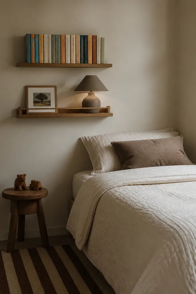 A tiny bedroom wall has two wall-mounted shelves. The top shelf holds a line of board books with spines facing out, and the lower shelf has a small picture ledge with a framed photo and a warm taupe lamp. The bed is against the wall, and a narrow striped rug runs along the floor.