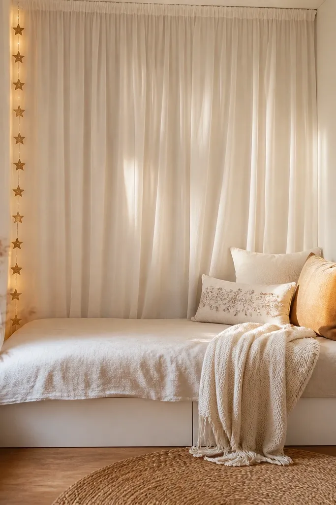 A corner daybed sits against two walls, with a cream daybed cover. A floor-to-ceiling sheer curtain in warm white hangs on a tension rod behind it, creating a small nest-like nook. There's a round jute rug, and a small star garland is placed along the curtain edge.