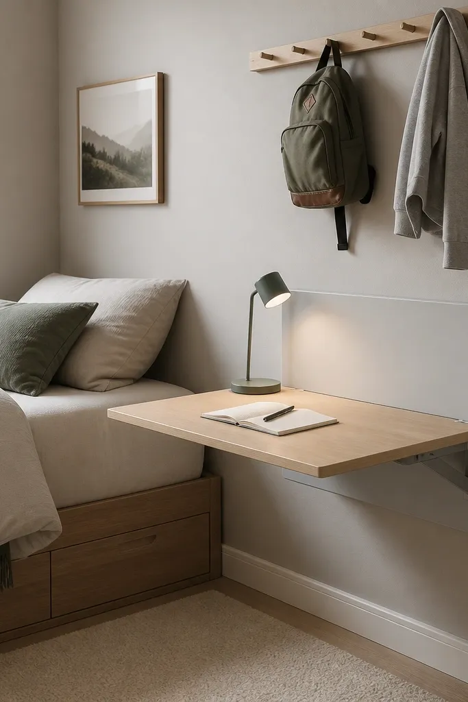 A compact fold-down desk is mounted on the wall beside the bed. When closed, it looks like a flat panel; when open, it has a light wood top. Above it, a row of wall hooks holds a small backpack and a hoodie. The floor has a low pile cream rug, and a small desk lamp sits on the desk.