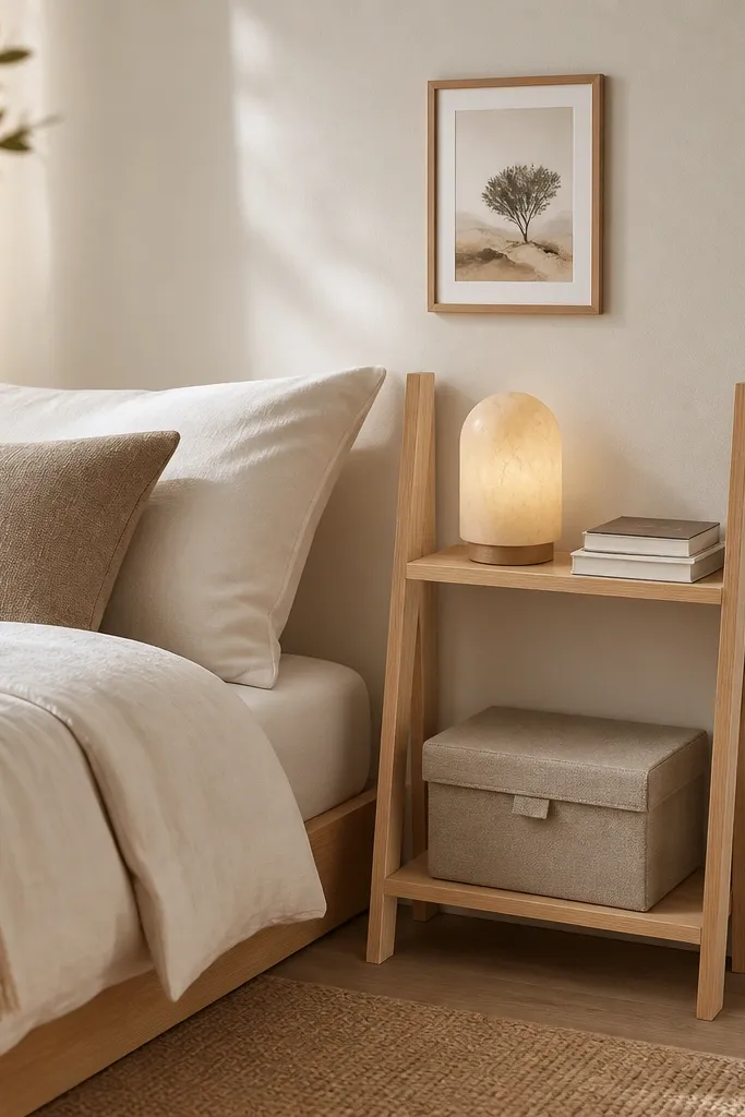Beside a low bed is a slim light wood ladder shelf with two shelves. The top shelf holds a warm beige nightlight and a small book stack; the bottom shelf holds a closed fabric bin. The wall is painted a creamy off-white, and there's a small framed print above the shelf.