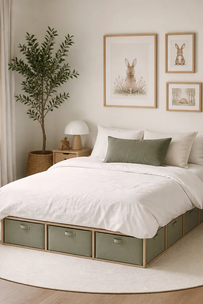 A small kids bedroom has a rounded or oval cream rug centered under the bed. Under the rug edge, there are low storage cubes in sage green with fabric covers. The bedding is white with a sage accent throw pillow, and the wall has a few framed prints in light wood.
