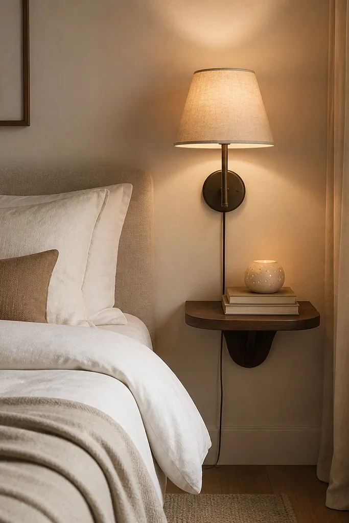 A plug-in wall sconce with a warm beige fabric shade is mounted above a small side shelf. The shelf holds a small book stack and a ceramic nightlight. The bed has cream linens and a single muted stripe throw, and a warm lamp glow fills the corner.
