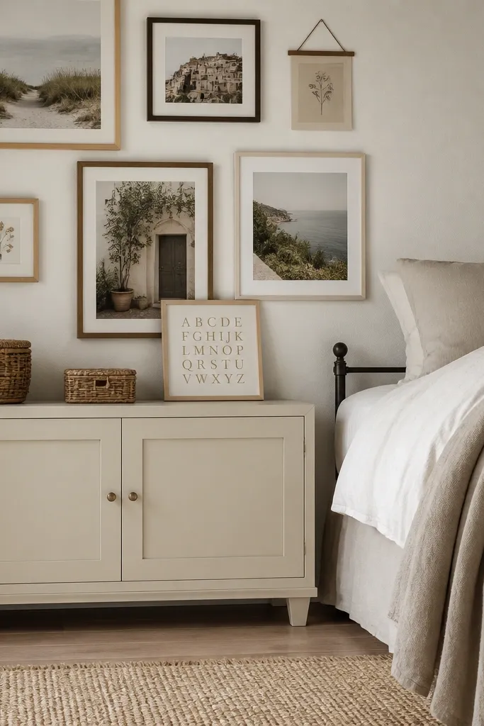 A low closed cabinet sits under a wall gallery of framed photos and small prints. The cabinet doors are cream with simple knobs. On top of the cabinet are two small baskets and a framed alphabet print. The bed is nearby with neutral bedding.