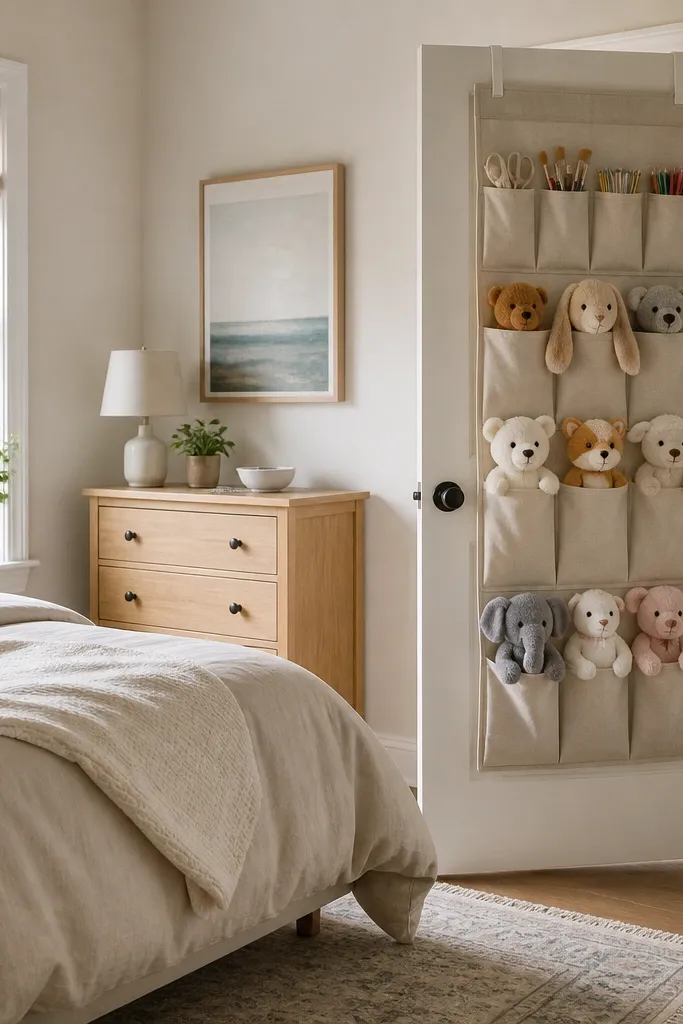 Behind the bedroom door is a hanging over-the-door organizer. The top pockets hold small craft tools, and the larger sections hold stuffed animals folded upright. The room has a small rug and a bed with a neutral duvet.