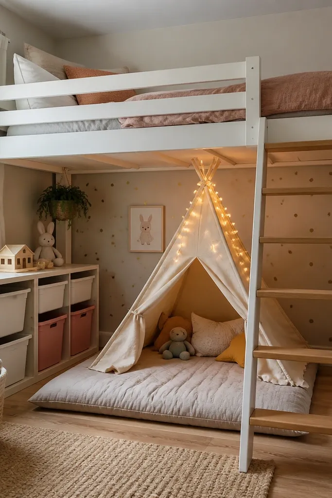 A small bedroom has a compact loft bed. Under the loft is a play area with a small teepee tent in cream canvas and a soft mat on the floor. There are low storage bins along one wall and a string of warm fairy lights around the tent edge.
