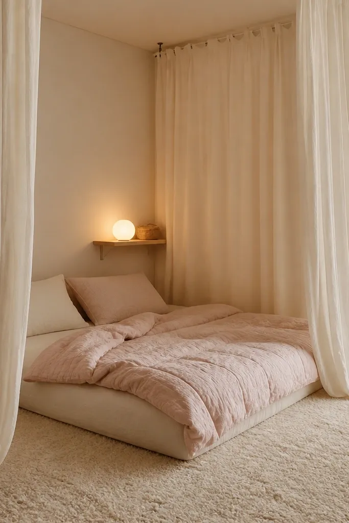 A floor mattress sits in a corner with a fitted sheet and a quilt in cream and pale pink. Curtains hang from ceiling hooks in warm white, creating a cocoon shape around the mattress. A small nightlight glows on a wall shelf, and a thick neutral rug covers the floor.