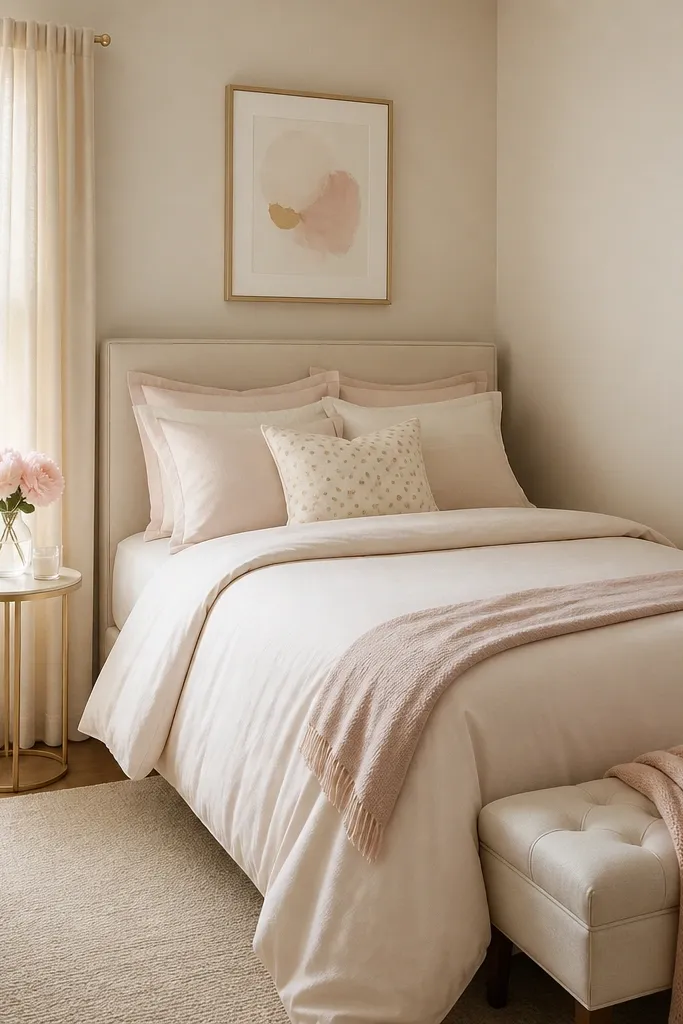 A tiny bedroom has bedding in one main color: cream and blush. The duvet is solid, and there is one patterned cushion in small gold dots. The walls are a warm off-white, and a simple framed print hangs above the bed. A small rug and a closed storage bench sit nearby.
