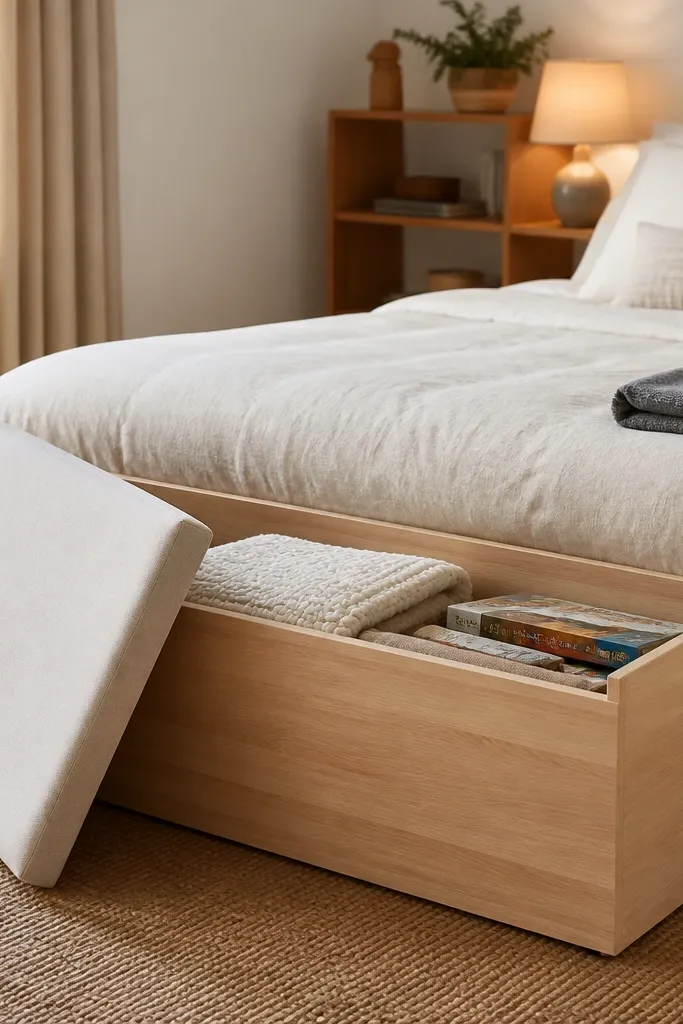At the foot of a low bed is a storage bench in light wood with a fabric lid. The lid is removable, and inside are neatly folded blankets and board games. The bedding is cream, and there's a small throw blanket folded at the side. A warm lamp sits on a shelf nearby.