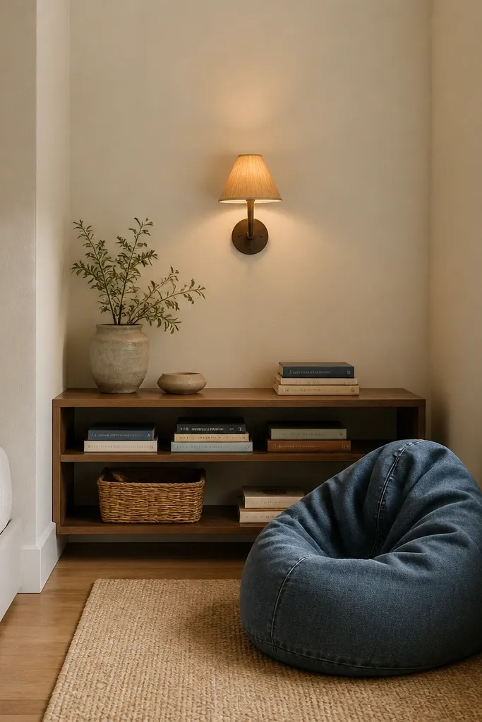 A narrow strip along one wall holds a low reading shelf with books stacked horizontally and a small basket underneath. A small bean bag in muted denim sits on a small square rug. Above the shelf is a small wall sconce with a warm shade.