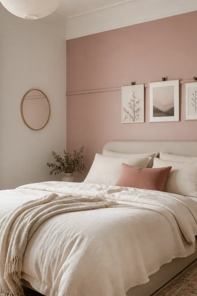 One wall is painted warm off-white with a blush accent panel behind the bed. A low gallery rail runs horizontally with a few framed prints clipped on. The bed has cream bedding and a blush throw pillow. A small round mirror hangs near the corner.