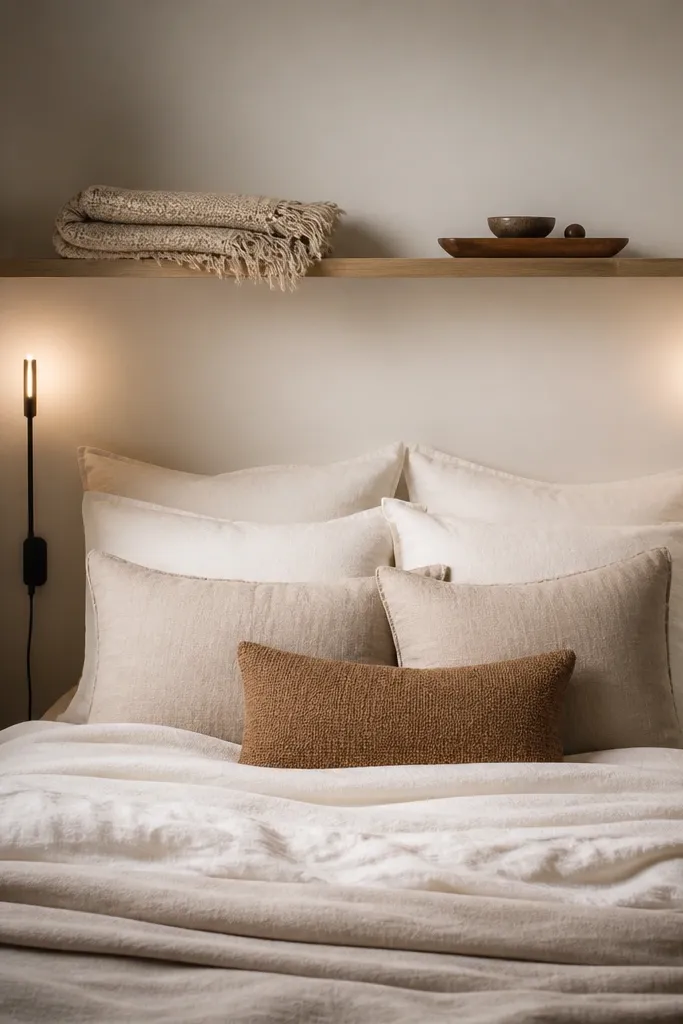 A very small bedroom wall has a floating shelf above where a nightstand would be. Two slim plug-in wall sconces with warm light sit on either side of the bed, and a folded linen throw and a small tray sit neatly on the shelf.