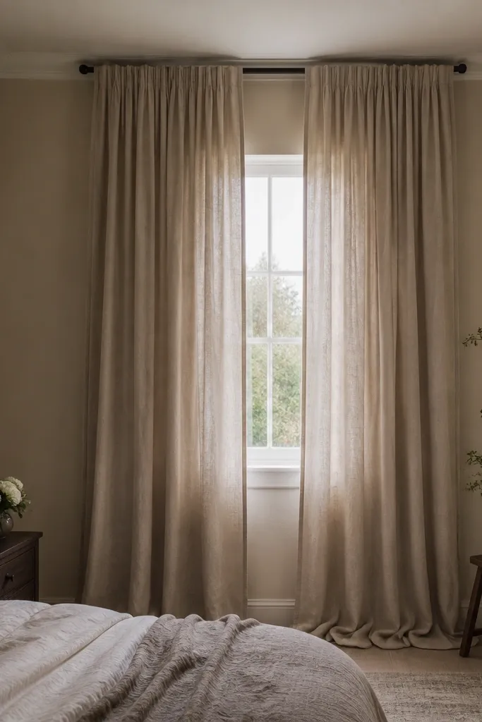A tiny bedroom window is dressed with floor-to-ceiling linen curtains in warm greige. The rod is mounted near the ceiling, and the curtains pool slightly at the bottom with soft folds; a simple Roman shade is not visible.