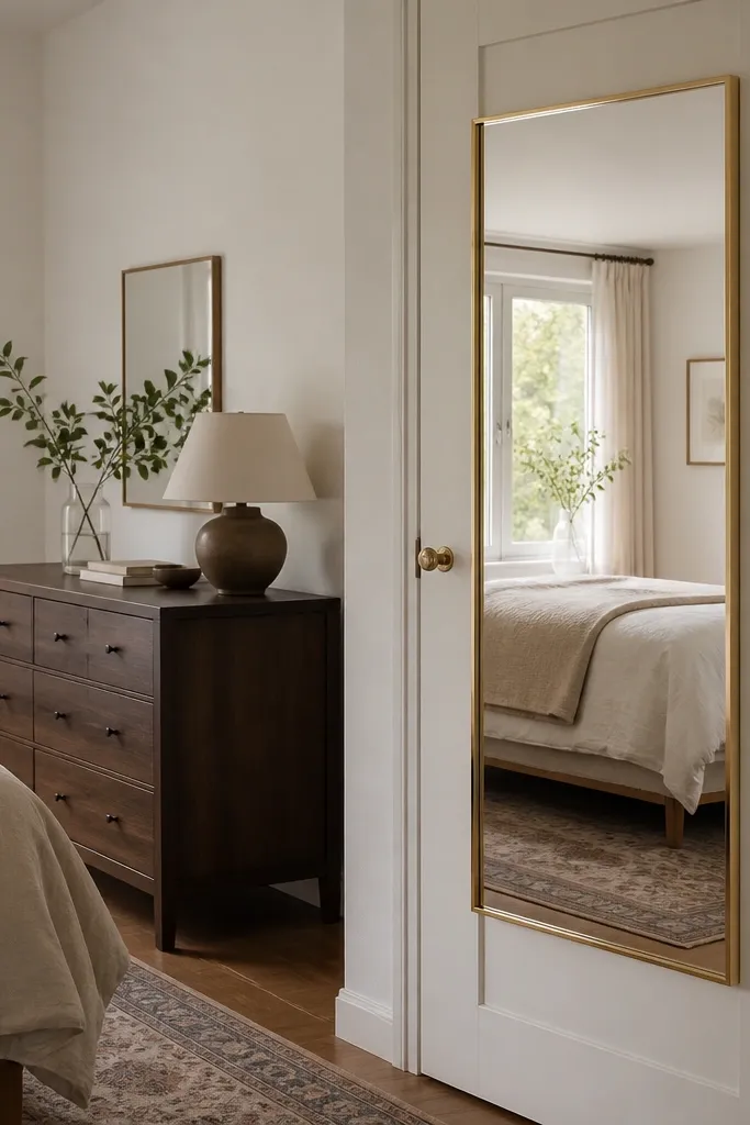 A rectangular mirror with a brushed brass frame is mounted on a closet door. The mirror sits at eye level and reflects the bed and part of the window, making the room look longer.