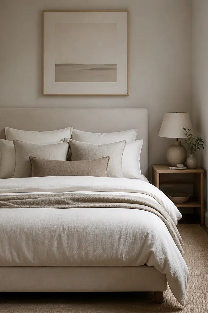 A very small bedroom shows a low upholstered bed frame with a slim headboard in light oatmeal fabric. There's a narrow gap between the bed and the floor, and the bedding is layered with ivory and taupe pillows.