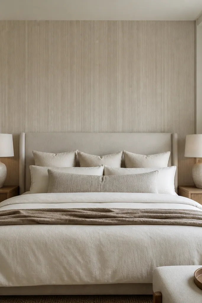 Behind the bed, a single wallpaper accent panel covers the wall centered to the headboard. The pattern is subtle - tone-on-tone vertical texture - in warm off-white and soft taupe.