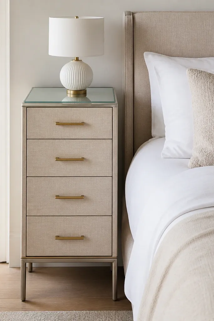 A narrow dresser with clear or frosted glass top and brushed metal legs sits beside a bed. The drawers have matching brushed brass pulls and one small lamp on top.