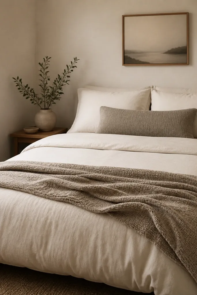 A bed in a small room is dressed with ivory duvet and ivory pillowcases. One taupe textured throw blanket sits at the foot, and the headboard area has a single taupe lumbar pillow.