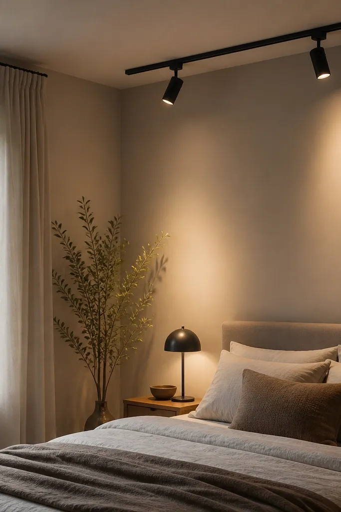 A small bedroom has a matte black track light mounted near the ceiling. Two spotlights aim at the wall above the bed and the corner, with warm dimmable bulbs casting soft light.