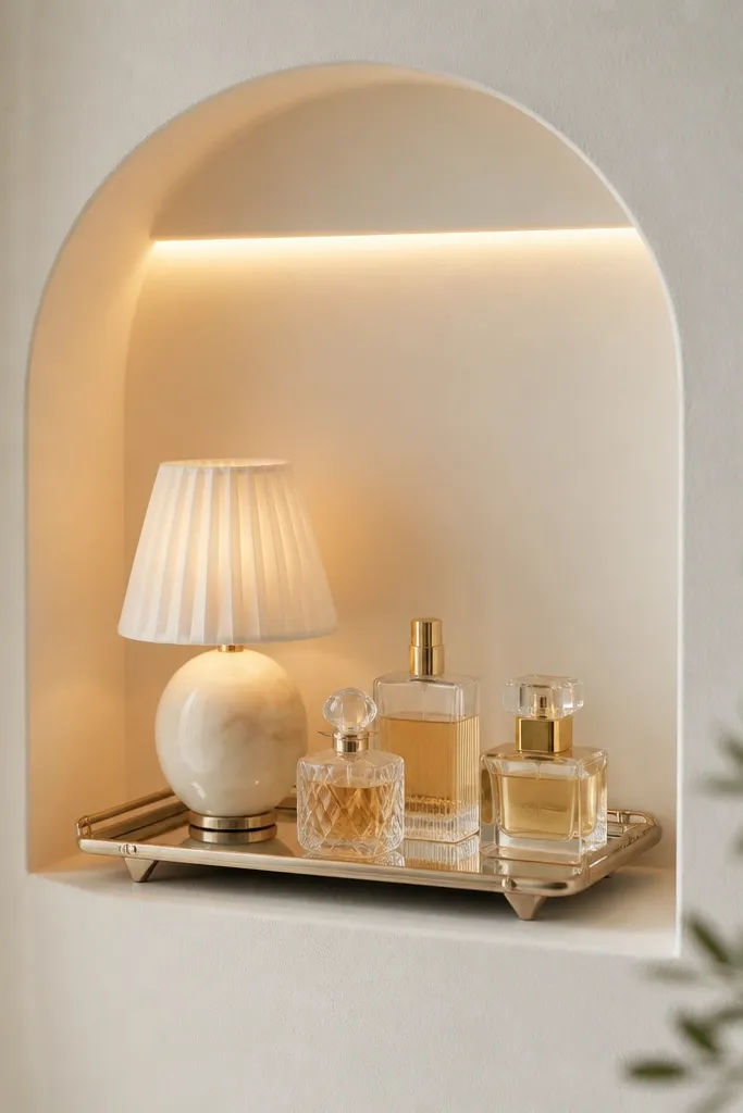 A small wall niche holds a mirrored tray with a compact perfume set and a small lamp. The niche is lit by a battery LED strip, and the wall color is warm white.