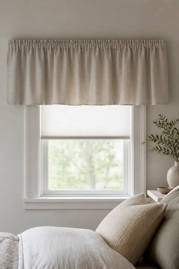 A tiny bedroom window shows a roller shade in soft off-white inside a simple ceiling-wide fabric valance. The fabric is gathered lightly and hangs straight down.