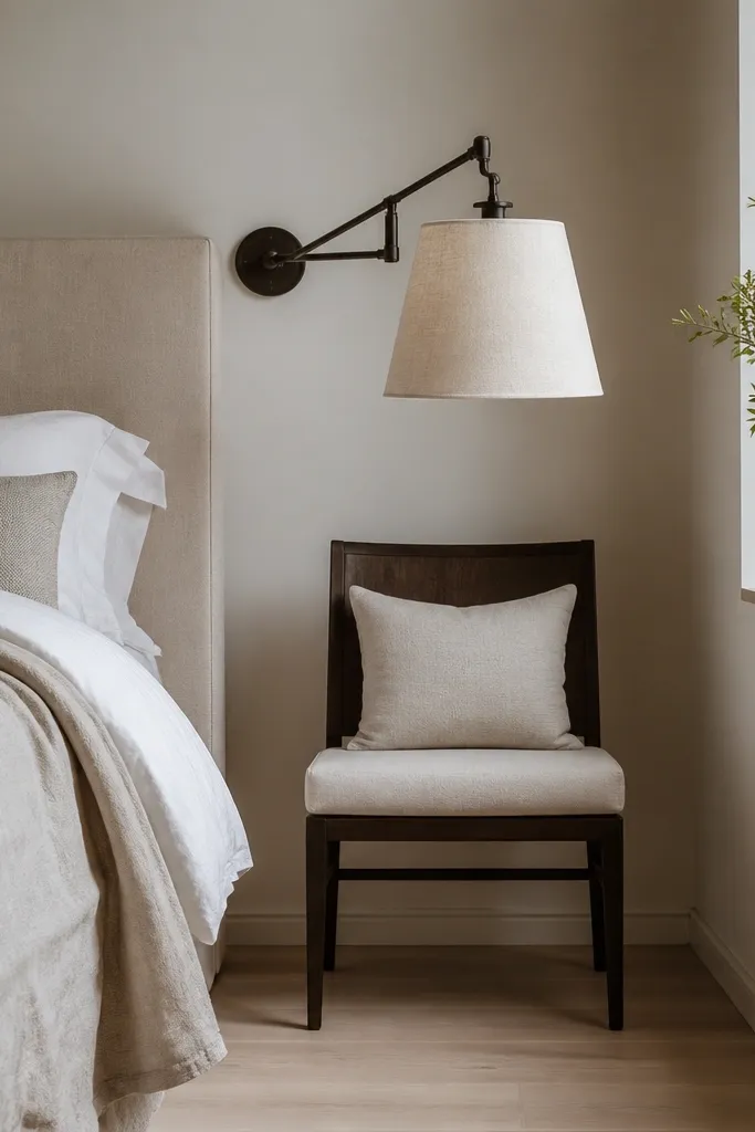 A small bedroom corner has a wall swing arm lamp extending over a narrow chair or small stool. The lamp shade is linen and the chair has a light cushion; the floor stays clear.