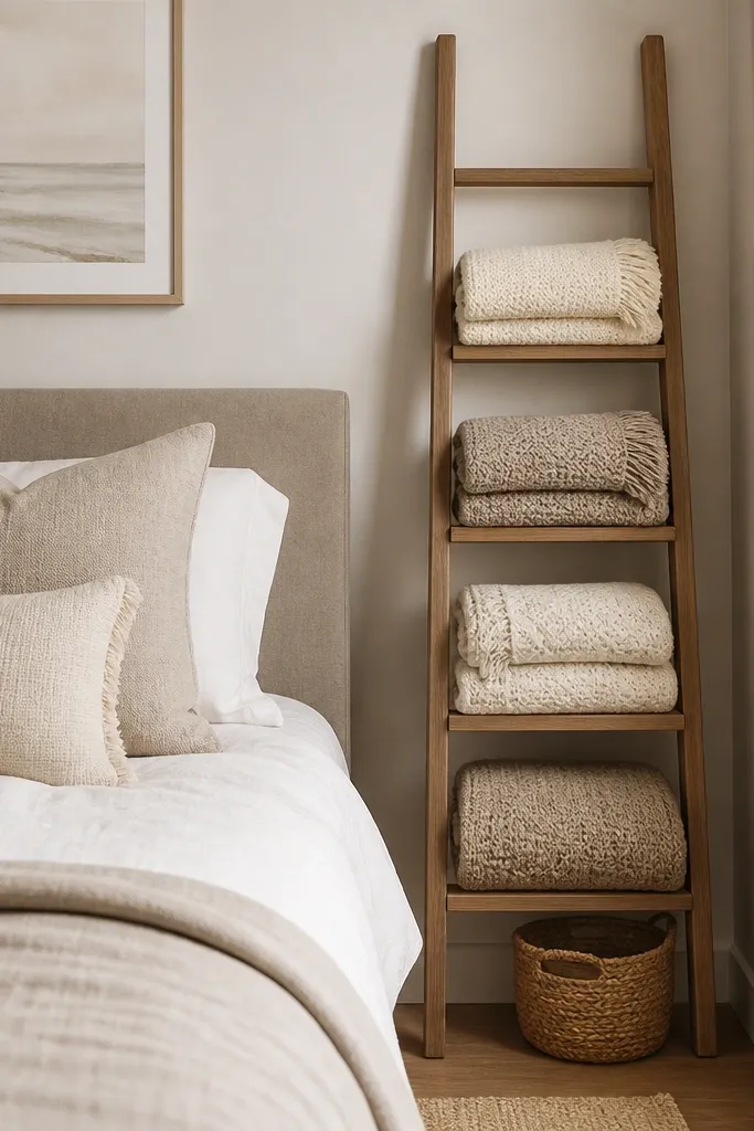 A small bedroom has a narrow wall ladder shelf beside the bed. It holds neatly folded throws in cream and taupe, with one small woven basket on the lowest rung.