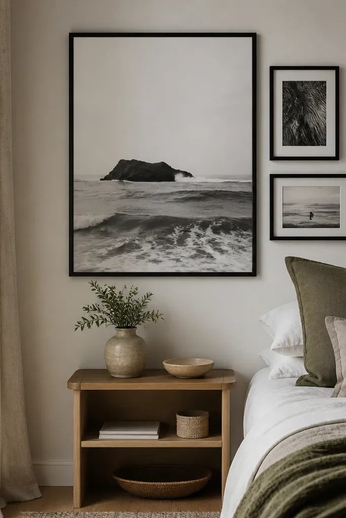 Above a small nightstand shelf, a single oversized framed art print hangs. The gallery wall around it is minimal with one or two smaller frames, all in the same thin matte black frames.