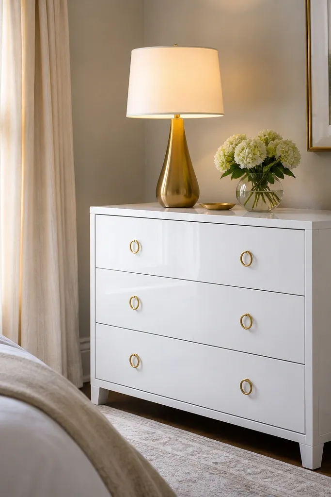 A small bedroom has a lacquered white dresser with a smooth glossy finish and brass ring pulls. A single warm lamp sits on top, and the dresser drawers are closed.