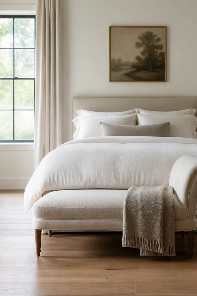 At the foot of a very small bed, there's a slim chaise or bench upholstered in light oatmeal. A tailored throw blanket is folded over the chaise arm, and the floor is otherwise clear.