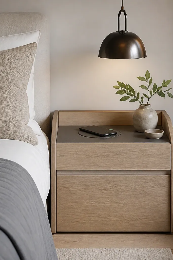Near the bed, a small drawer unit has a charging station inside. The visible surface is clean with a charging pad and a closed drawer, with no cords showing.