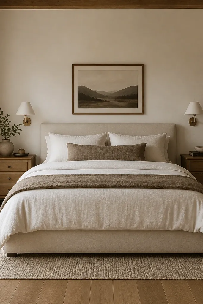 A narrow textured rug runner sits under the bed. The rug extends slightly beyond the bed sides, with a consistent 6-inch reveal visible on both sides.