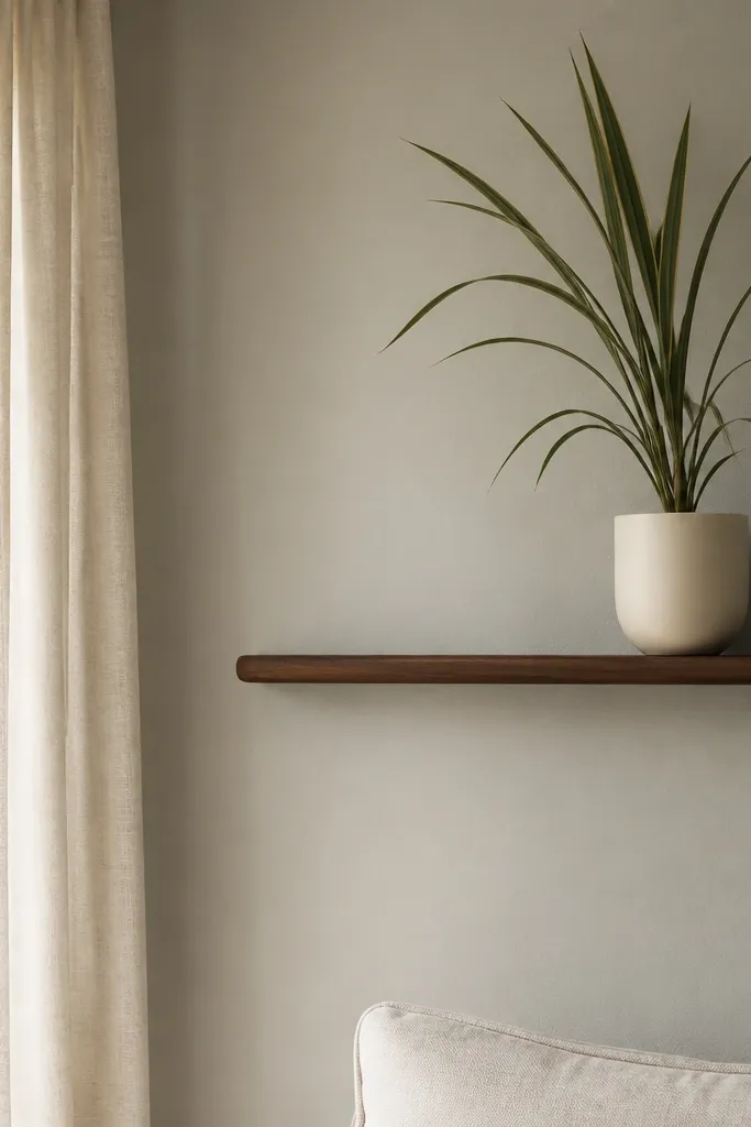 A slim wall shelf holds one tall potted plant with long leaves. The pot is in a matte cream ceramic, and the shelf is placed high near eye level but not above curtains.