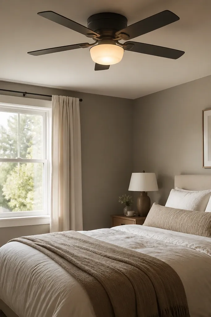 A small bedroom has a flush-mount ceiling fan with a warm light kit. The fan is centered above the bed area, with a frosted glass shade and a matte finish.