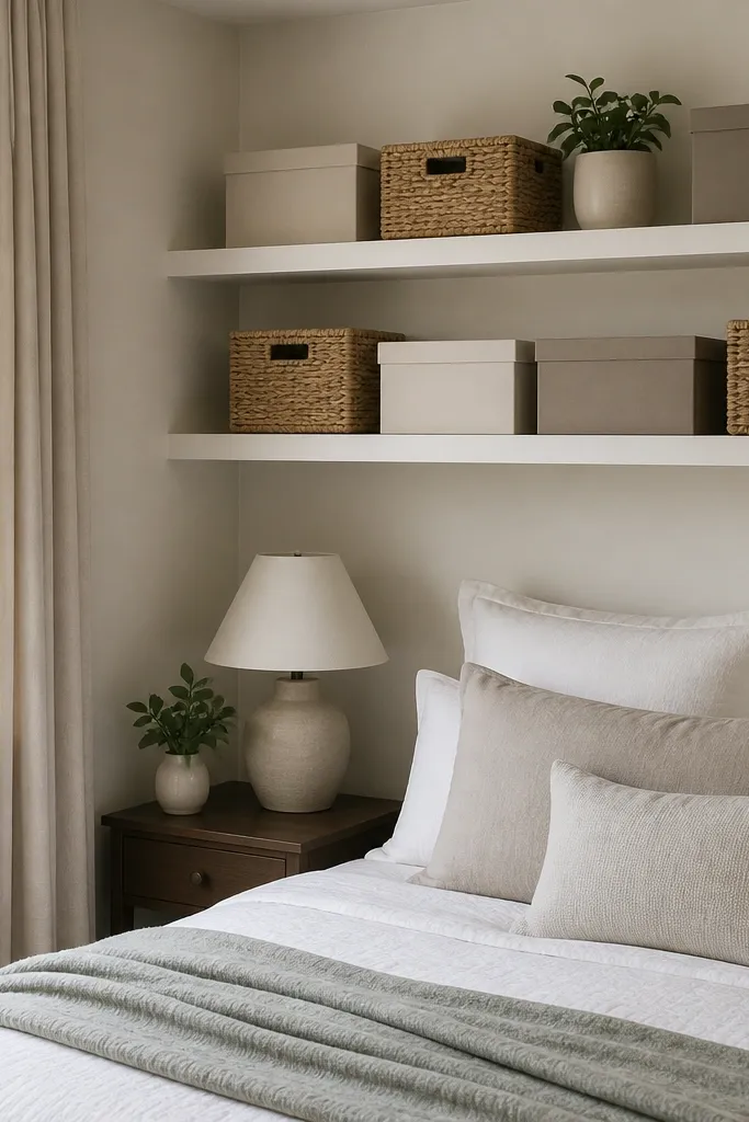 A small bedroom has two open wall shelves. Everything visible is inside matching woven bins or matte boxes in neutral tones, and the shelf edges are clean.