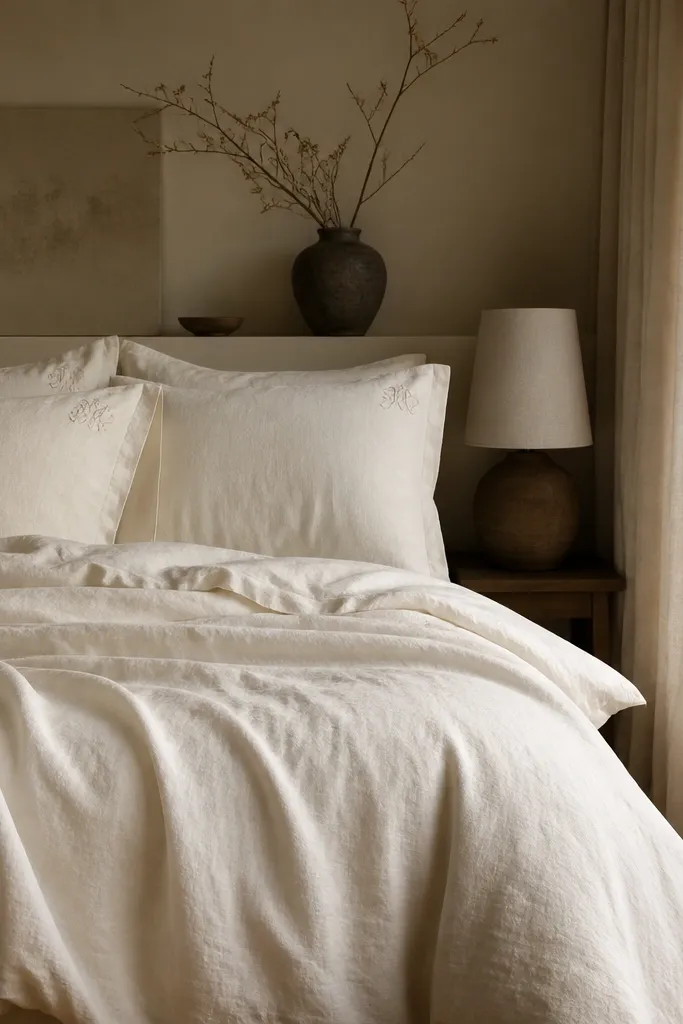 A small bedroom bed is dressed in linen duvet and shams in a single tone of soft ivory. A subtle monogram is stitched near the corner of each sham, and the bedding has a relaxed drape.
