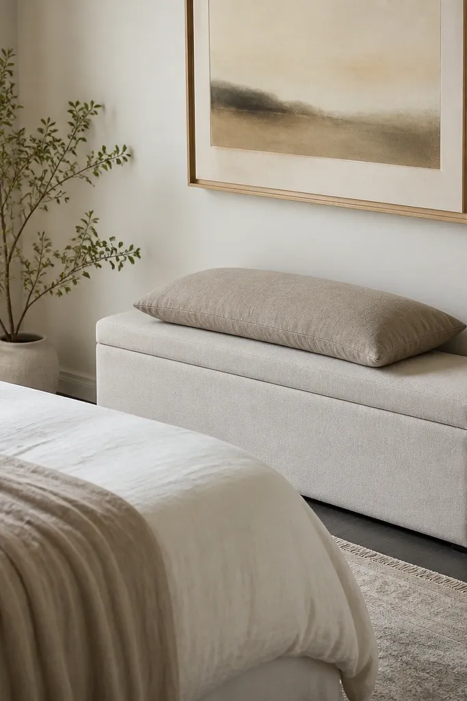 A narrow bench with hidden storage sits against the wall near the foot of the bed. One large cushion in taupe fabric sits on top, and the bench upholstery matches the headboard.