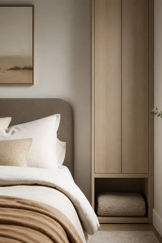 Beside the bed, a slim cabinet has closed doors on top and an open niche at the bottom. The niche holds one folded blanket, and the doors keep cables and small items out of view.