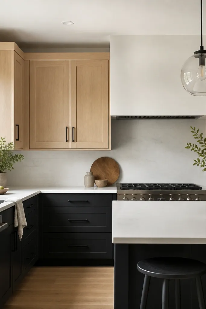 A bright kitchen with white oak upper cabinets in a simple shaker style. The lower cabinets are solid black, also shaker, with long matte black bar pulls. White quartz counters run across, and a light backsplash sits behind the range. A pendant light with a black canopy hangs above the island.