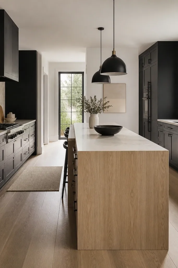 A long galley-style kitchen with black cabinets along both walls and white oak cabinets on the island. The island has a waterfall edge in oak and black bar pulls. The backsplash is a pale cream tile, and the counters are light stone. Two black pendant lights hang in a row above the island.