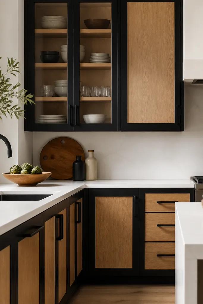 A kitchen with shaker cabinet doors where the recessed center panels are white oak and the outer frames are black. The hardware is matte black and the countertop is white. A glass-front cabinet shows interior oak shelving.