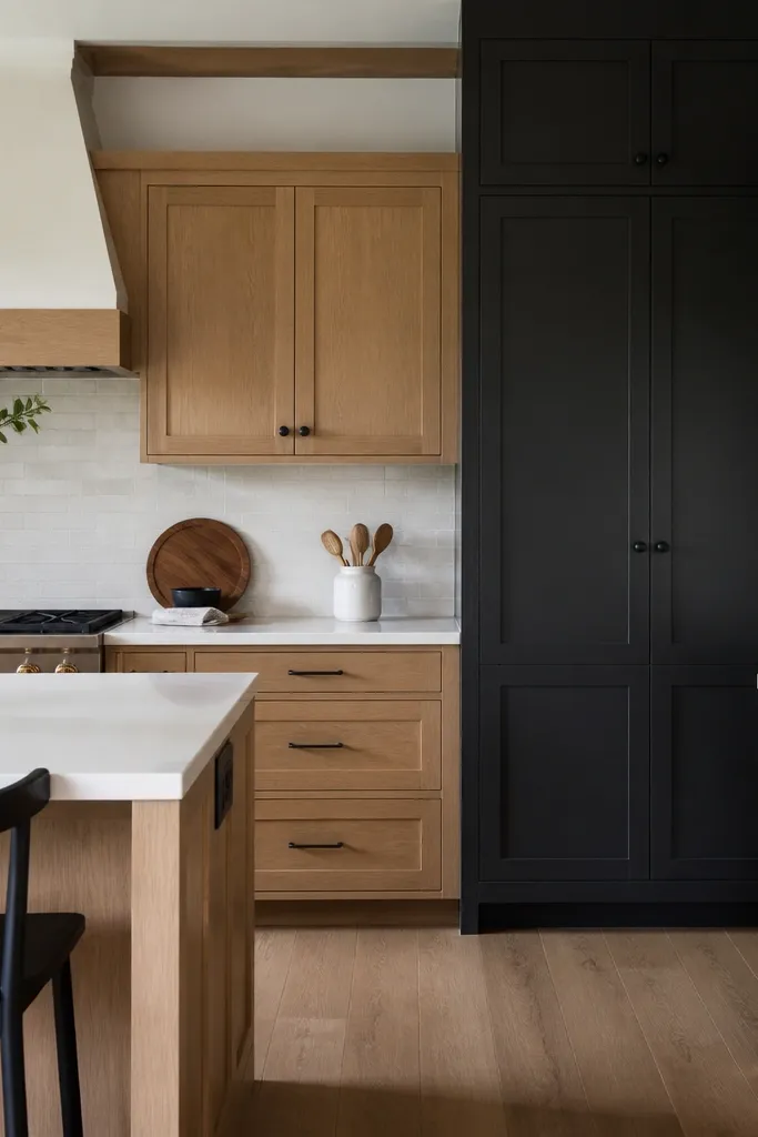 A kitchen with mostly white oak cabinetry. One pantry wall runs from floor to ceiling in black cabinets with tall doors and matte black knobs. The rest of the room has white quartz counters and a light backsplash. A black sconce is mounted near the pantry.