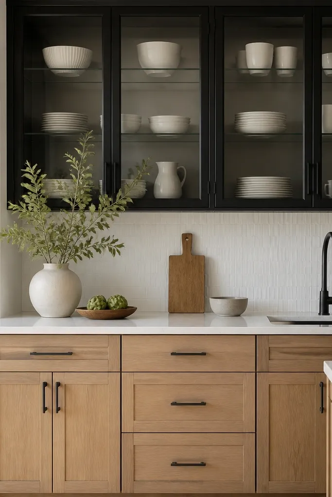 White oak lower cabinets with black glass-front upper cabinets. The glass doors have matte black frames and black hardware. Light glass shelves hold white dishes. The countertop is light and the backsplash is white with subtle texture.