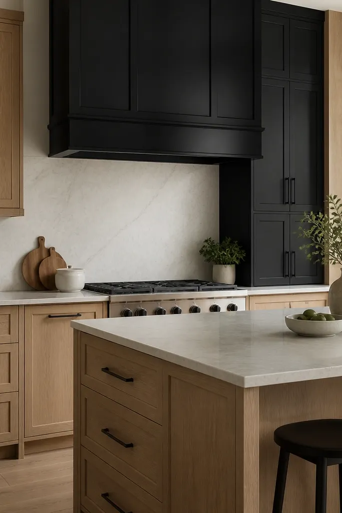 A kitchen where most cabinets are white oak. A black range hood surround sits above the cooktop and extends into a black cabinetry section. The island has oak cabinetry and the countertop is light. Black hardware matches the hood trim.